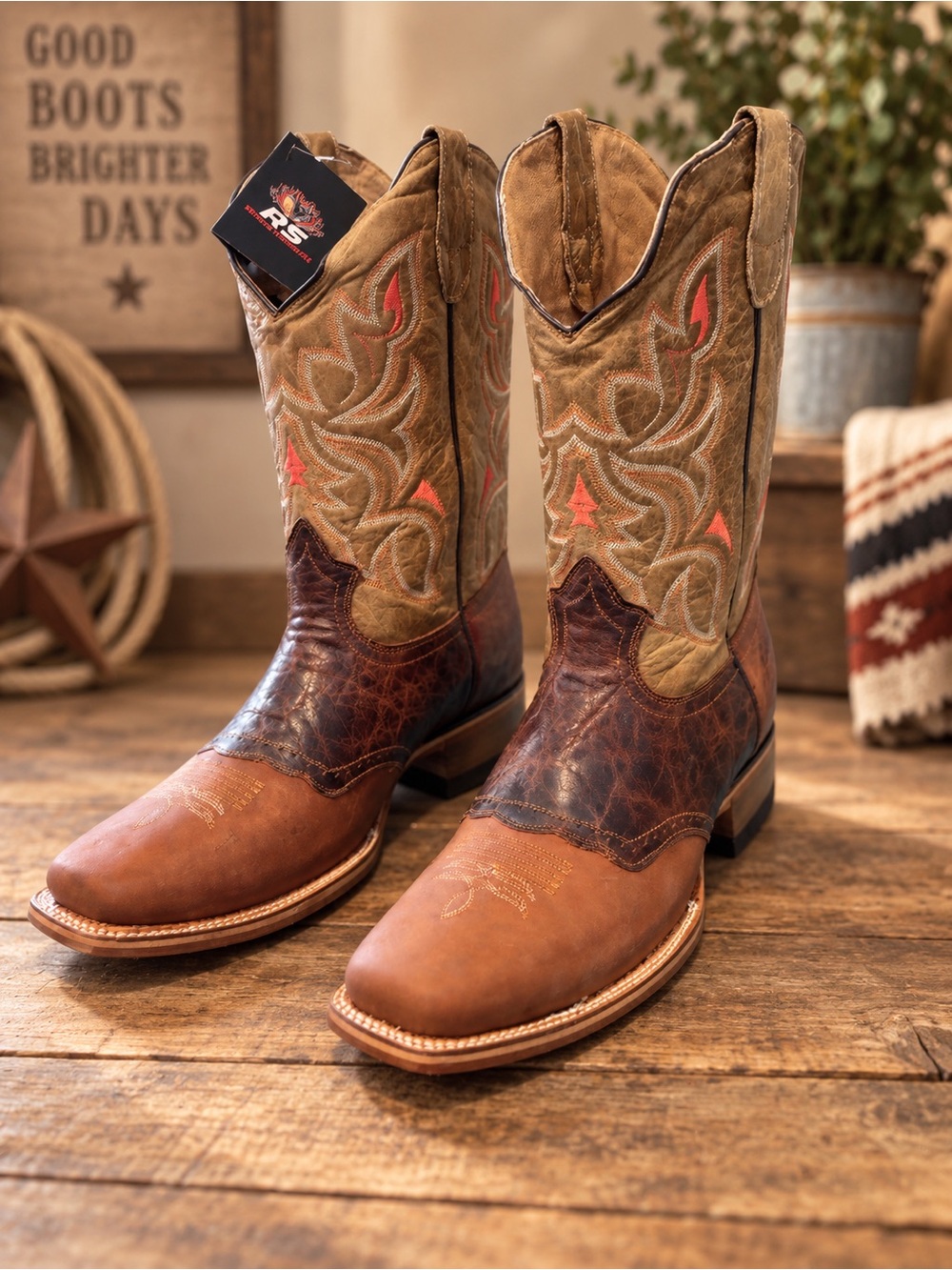 Semental R5 Western Cowboy Boots Brown Tan Embroidered Square Toe NWT